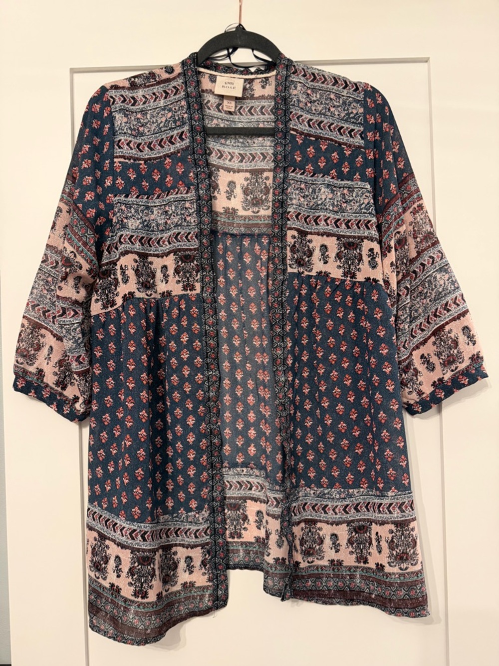 Tailored Print Open-Front Kimono - Navy & Blush